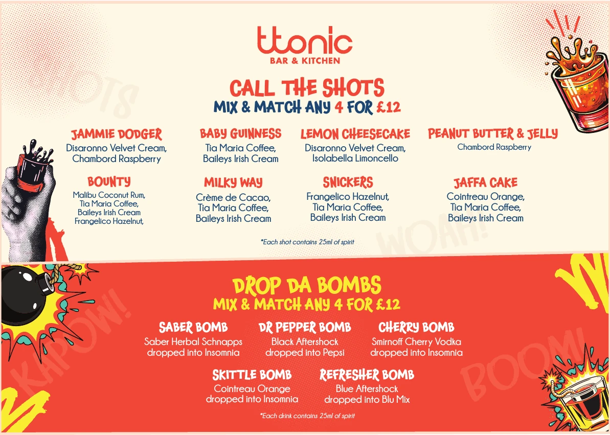 ttonic shots and bombs menu